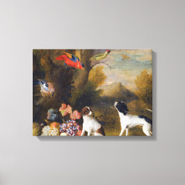 Lienzo Paisaje con aves exóticas y dos perros