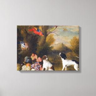 Lienzo Paisaje con aves exóticas y dos perros