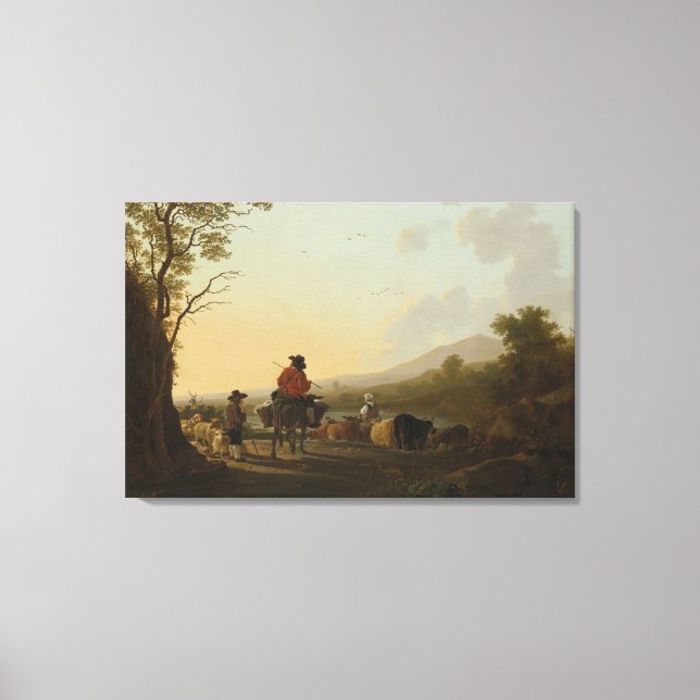 Lienzo Paisaje con conductor bovino y pastor (Anverso)