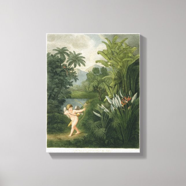 Lienzo Paisaje con Cupido apuntando una flecha a un loro  (Anverso)