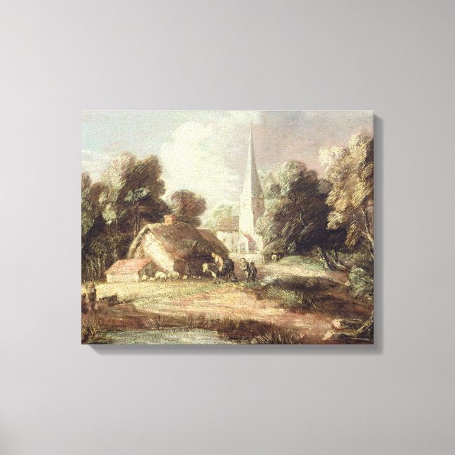 Lienzo Paisaje con iglesia, cabaña, pobladores y un (Anverso)