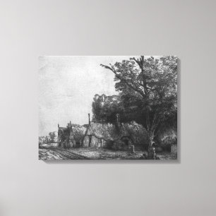 Lienzo Paisaje con tres cabañas, 1650