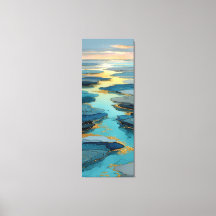 Paisaje costero fluido azul y dorado abstracto