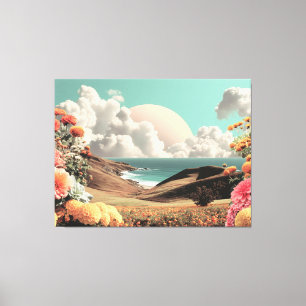 Lienzo Paisaje costero surrealista con flores y nubes