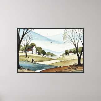 Lienzo paisaje de colinas con casas pequeñas