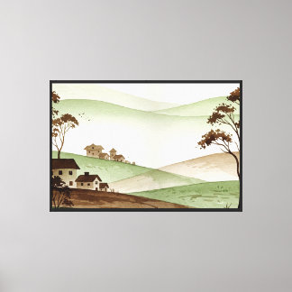 Lienzo paisaje de colinas con casas pequeñas