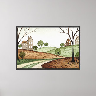 Lienzo paisaje de colinas con casas pequeñas