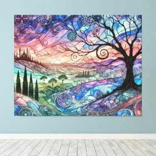 Lienzo Paisaje de fantasía con árbol y puesta de sol colo