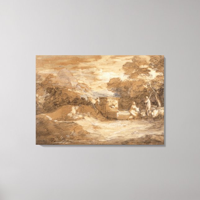 Lienzo Paisaje de montaña con figuras, ovejas y fountai (Anverso)