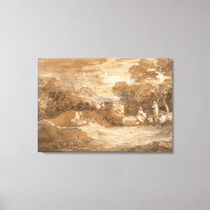 Lienzo Paisaje de montaña con figuras, ovejas y fountai