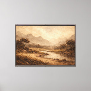 Lienzo Paisaje de montaña y río sepia atemporal