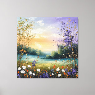 Lienzo Paisaje de verano con flores silvestres y árboles