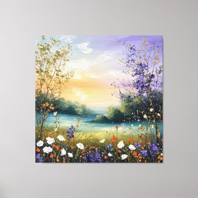 Lienzo Paisaje de verano con flores silvestres y árboles (Anverso)
