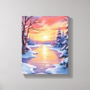 Lienzo Paisaje del atardecer del río de invierno Aquarela
