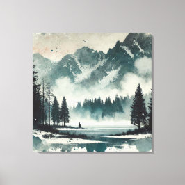 Lienzo Paisaje del lago Foggy con acento Red Sunset