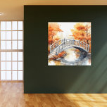 Lienzo Paisaje del puente de acuarela de árboles otoñales<br><div class="desc">Arte mural de tela envuelto que presenta un ilustracion acuarela de un paisaje otoñal con árboles de vivos colores otoñales en el fondo y un puente arbolado sobre un arroyo fluido en primer plano. Se muestra en 12x12. Los tamaños y estilos adicionales disponibles, la imagen puede tener que ser alterada...</div>