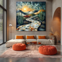 Paisaje Desértico Geométrico con Cactus y Luz Sola