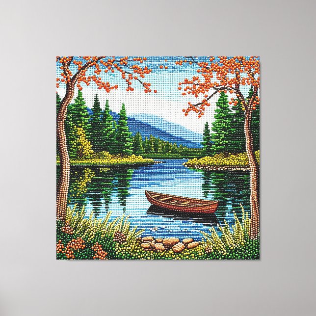 Lienzo Paisaje escénico de lago con una barca de madera (Anverso)