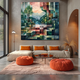 Lienzo Paisaje geométrico abstracto con río y árbol
