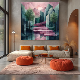 Lienzo Paisaje Geométrico Abstracto Moderno Rosa y Verde
