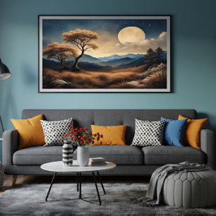 Lienzo Paisaje iluminado por la luna Árboles dorados Mont