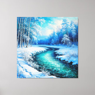 Lienzo Paisaje invernal tranquilo con un río congelado