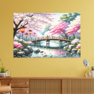 Lienzo Paisaje japonés con árboles de Bridge, Koi y Sakur