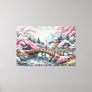 Lienzo Paisaje japonés con árboles de Bridge, Koi y Sakur
