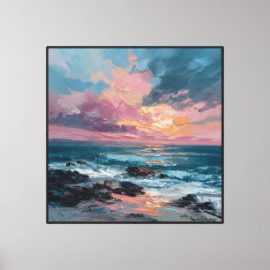 Lienzo Paisaje marino al atardecer con olas y rocas - Abs