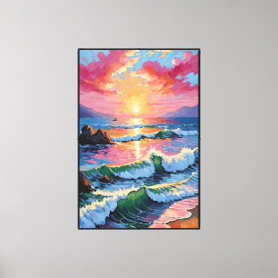 Lienzo Paisaje marino al atardecer con palmeras y barco a