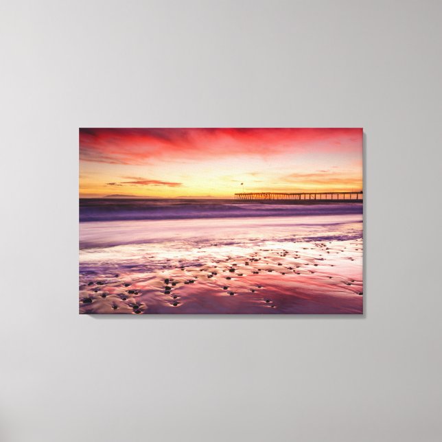 Lienzo Paisaje marino y muelle al atardecer, CA (Anverso)