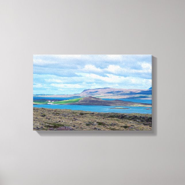 Lienzo Paisaje matutino de Islandia con granjas en un fio (Anverso)