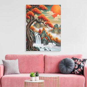 Lienzo Paisaje montañoso de otoño con cascada