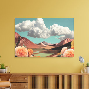 Lienzo Paisaje montañoso floral surrealista con nubes dra