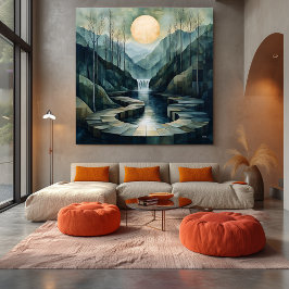 Lienzo Paisaje montañoso geométrico con cascada y luna