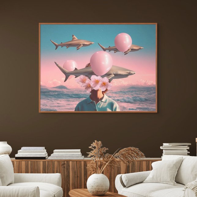 Lienzo Paisaje onírico surrealista con tiburones y globos (Surreal Dreamscape with Sharks and Balloons)