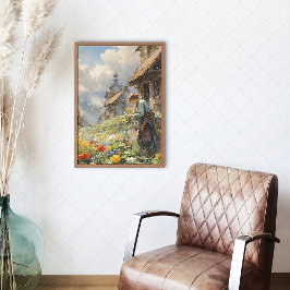 Lienzo Paisaje rural con Chica y flores | Acuarela