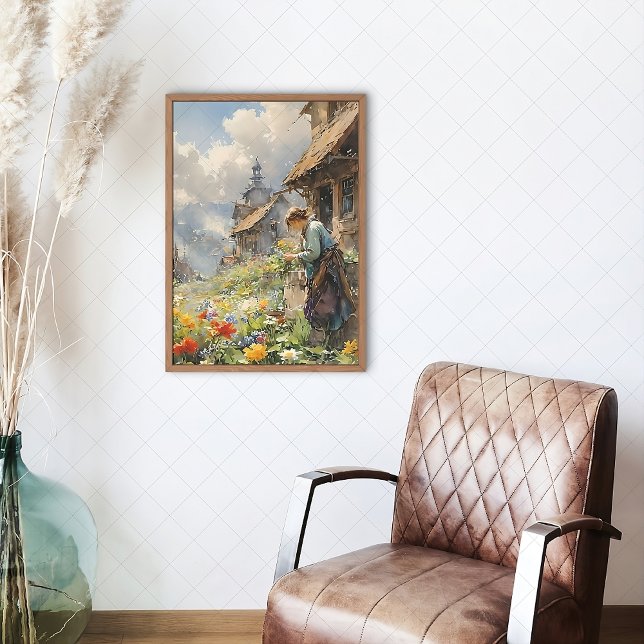 Lienzo Paisaje rural con Chica y flores | Acuarela (Subido por el creador)