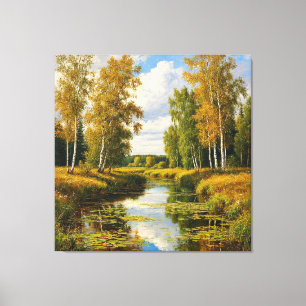 Lienzo Paisaje sereno de otoño con reflejo del río