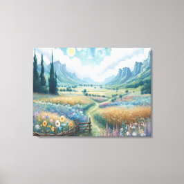 Lienzo Paisaje sereno: Flores y montañas florecientes