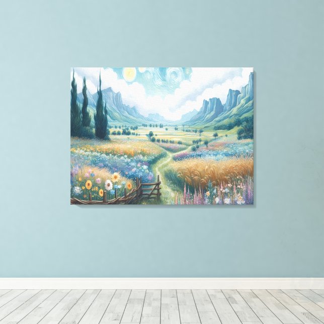 Lienzo Paisaje sereno: Flores y montañas florecientes (Insitu (piso de madera))