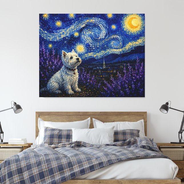 Lienzo Paisaje soñado de Westie de Noche Estrellada (Insitu(Dormitorio))