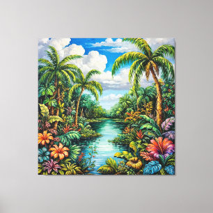 Lienzo Paisaje tropical vibrante con palmeras