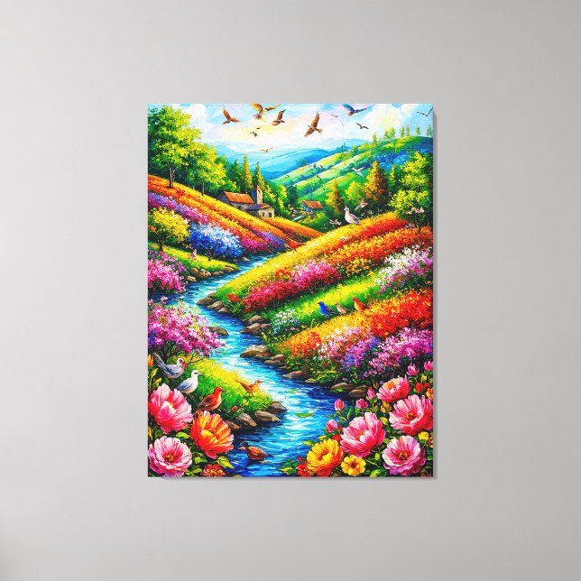 Lienzo Paisaje vibrante con flores en flor (Anverso)
