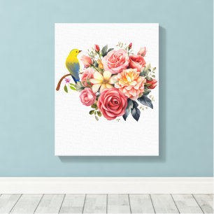 Lienzo Pájaro acuarela y flores rosadas
