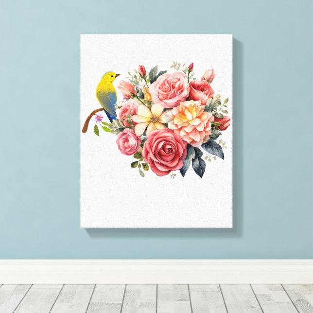 Lienzo Pájaro acuarela y flores rosadas (Insitu (piso de madera))
