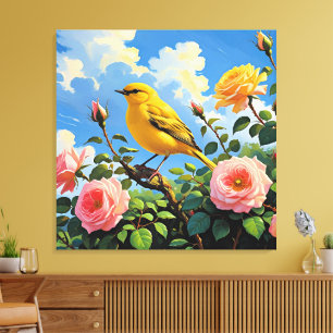 Lienzo Pájaro amarillo colorido y rosas rosadas bonitas
