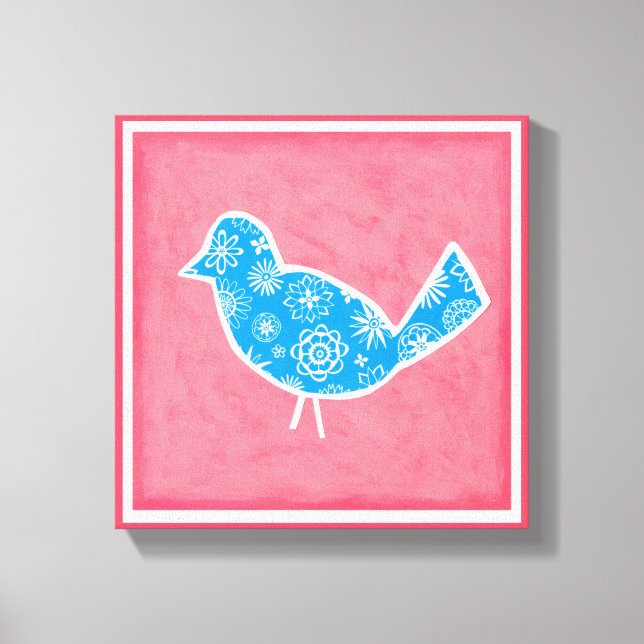 Lienzo Pájaro decorativo con patrones en fondo rosado (Anverso)