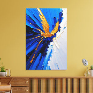 Lienzo Pájaro Dorado en Vuelo Azul Oro Abstracto Impasto