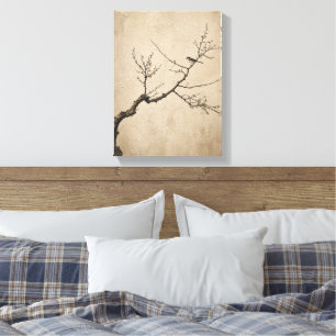 Lienzo Pájaro Flor de ciruelo Japonés Beige Neutral Japan